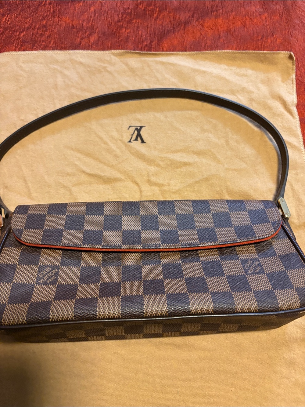 Louis Vuitton Damier Ebene Shoulder Bag with Red Trim Accent